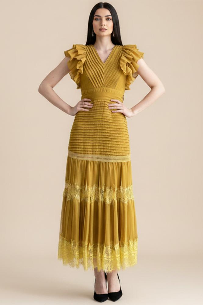 Cumin lace-embellished ruffle sleeve maxi dress المقاس:(L)