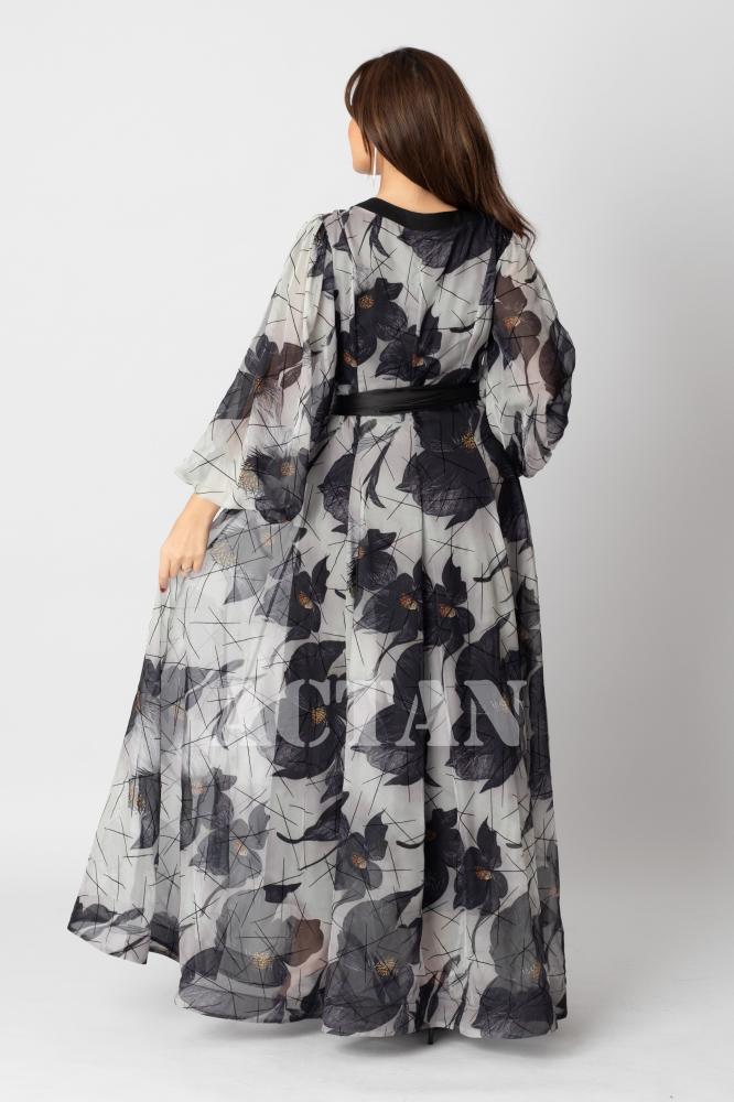 Grey Chiffon Velvet Dress with Rose Print المقاس:(M - 38)