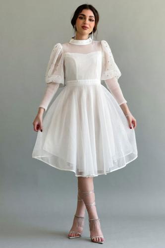 Short white tulle mesh dress with crystals المقاس:(S)