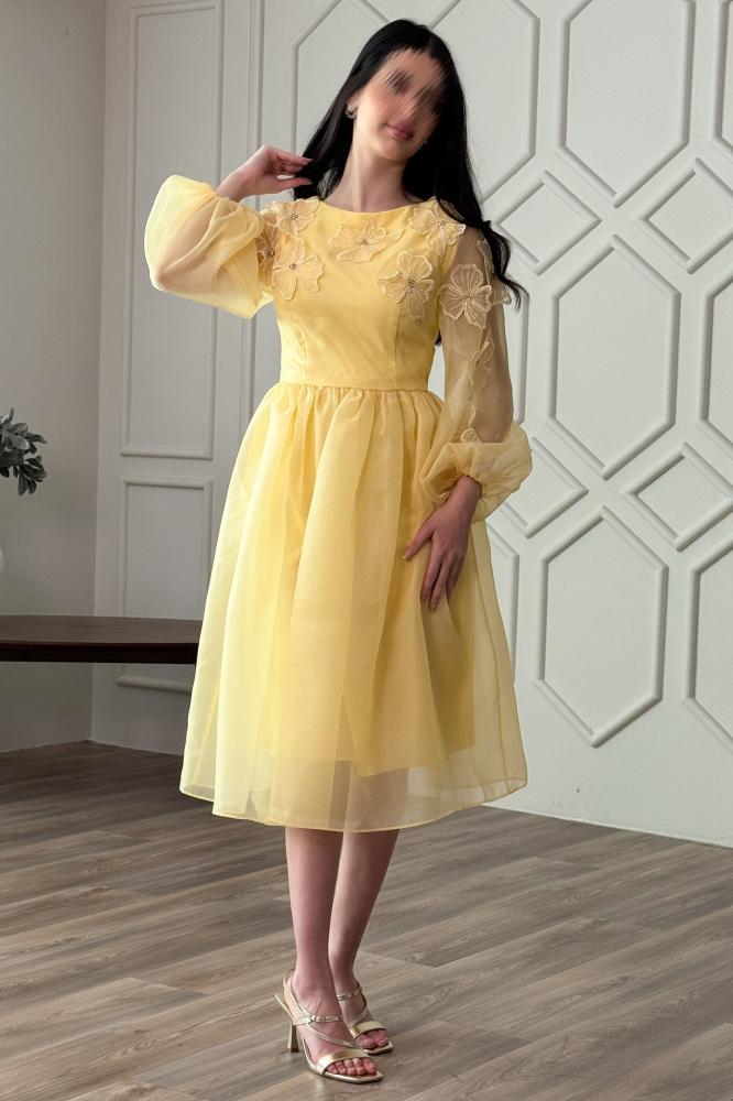 Short chiffon dress decorated with light yellow rose appliqués المقاس:(L - 40)