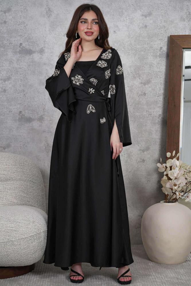 Black Crystal Embellished Wrap Maxi Dress المقاس:(XXL - 44)