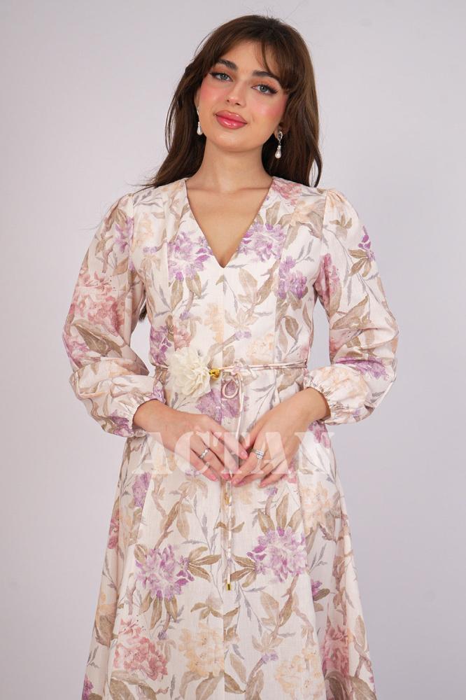 Beige floral midi dress المقاس:(S - 36)