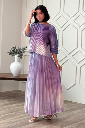 Pleated Wavy Skirt and Blouse Set المقاس:(L - 40)