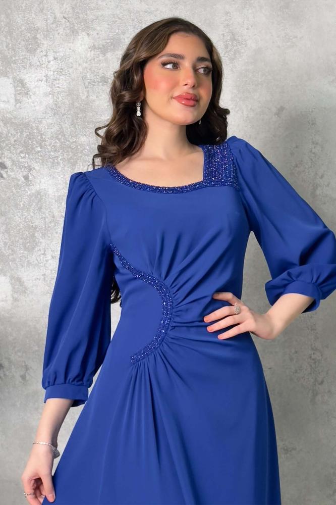 Draped maxi dress with beads and crystals in blue المقاس:(L - 40)