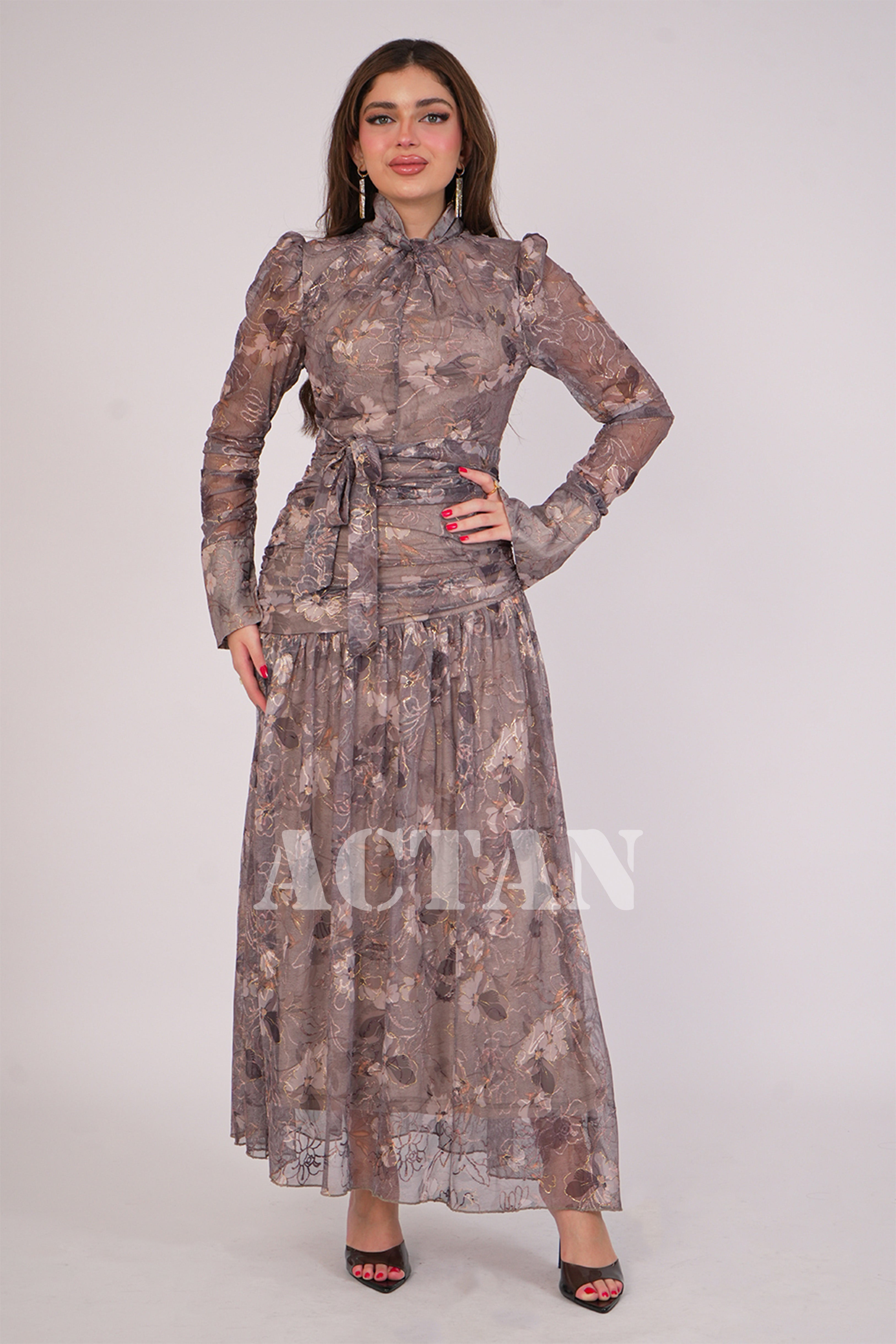 Long embroidered draped dress