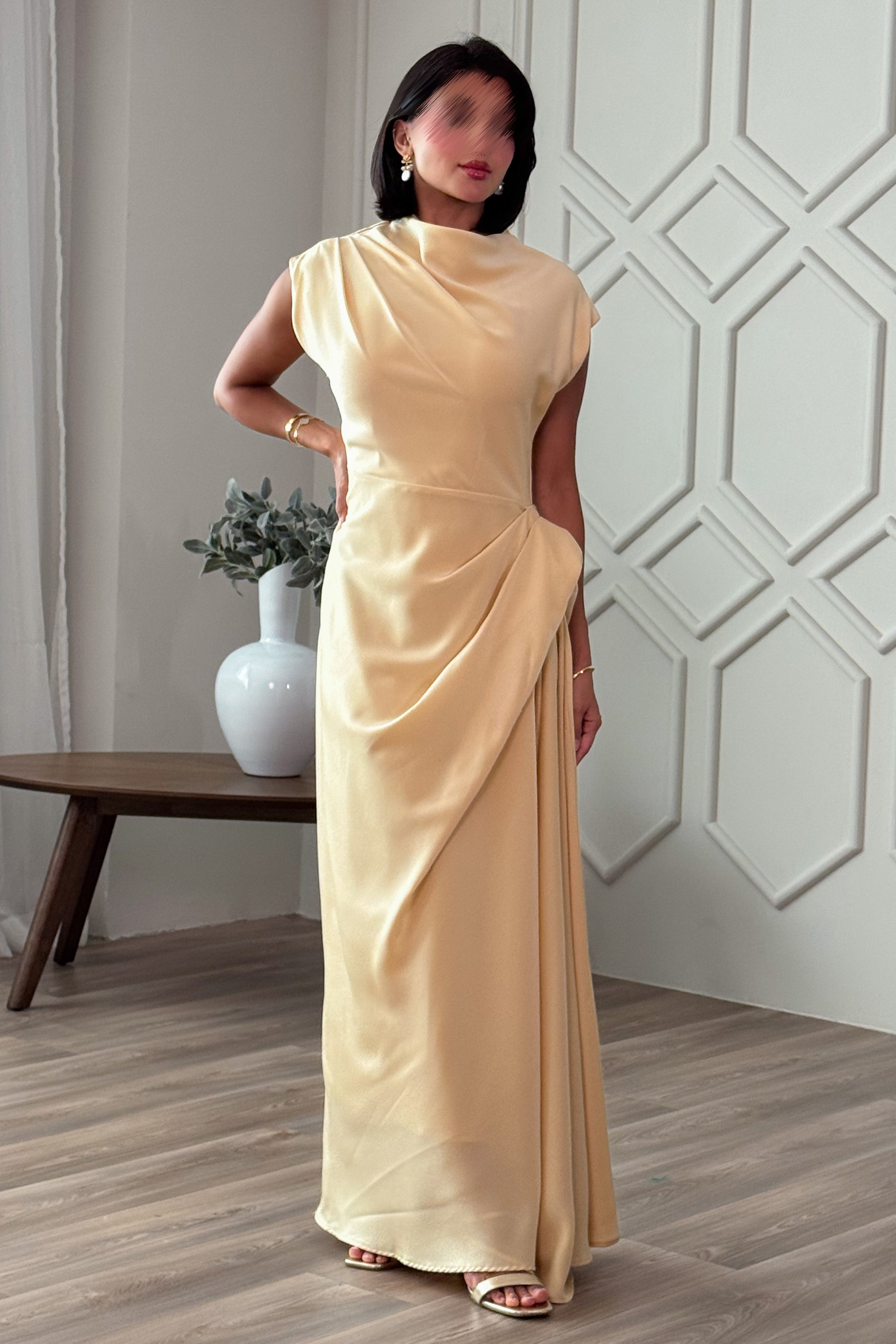 Light yellow pleated long crepe dress