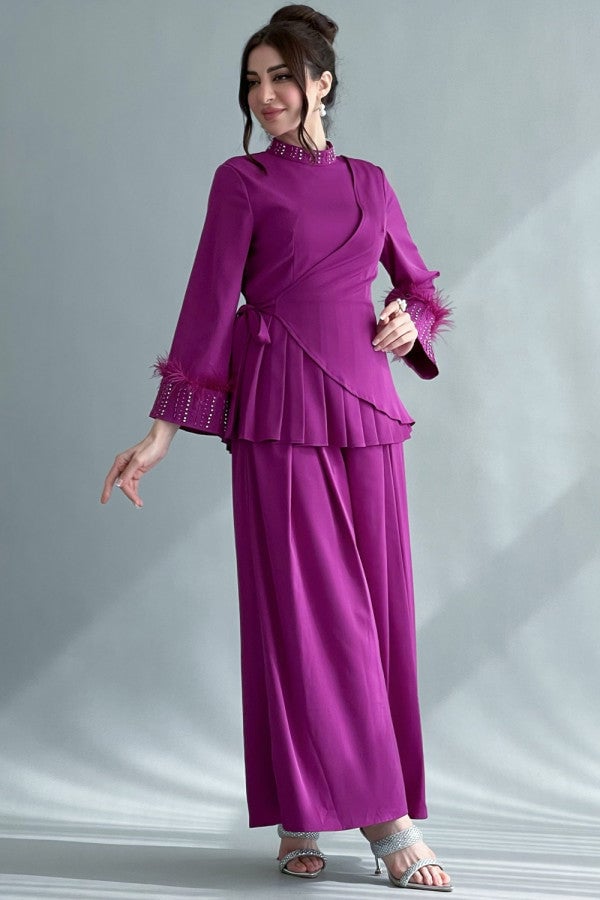 Fuchsia Crystal Embroidered Lace-Up Blouse and Pants Set