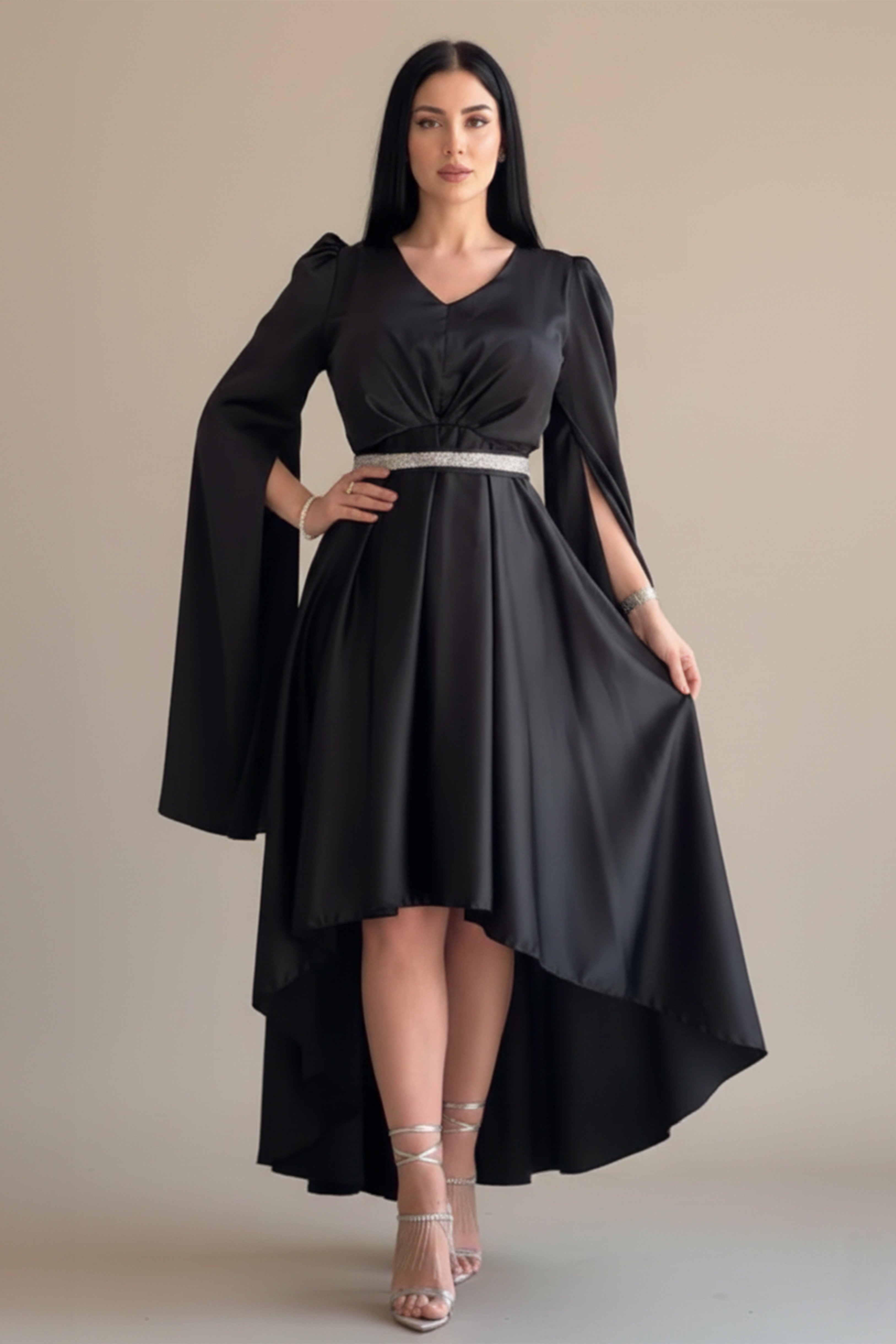 Black asymmetrical dress with cape sleeves