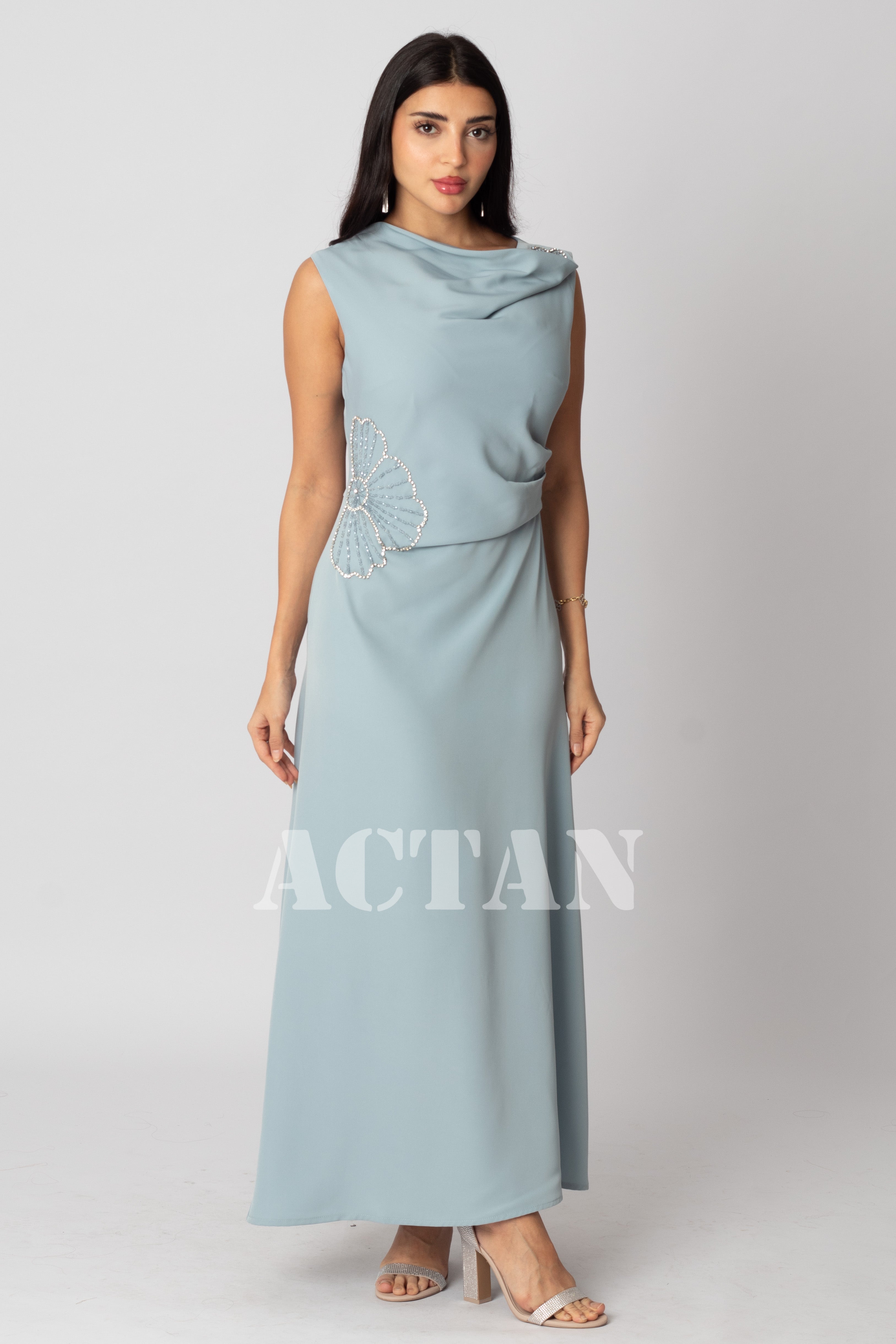 Blue Draped Sequin Maxi Dress