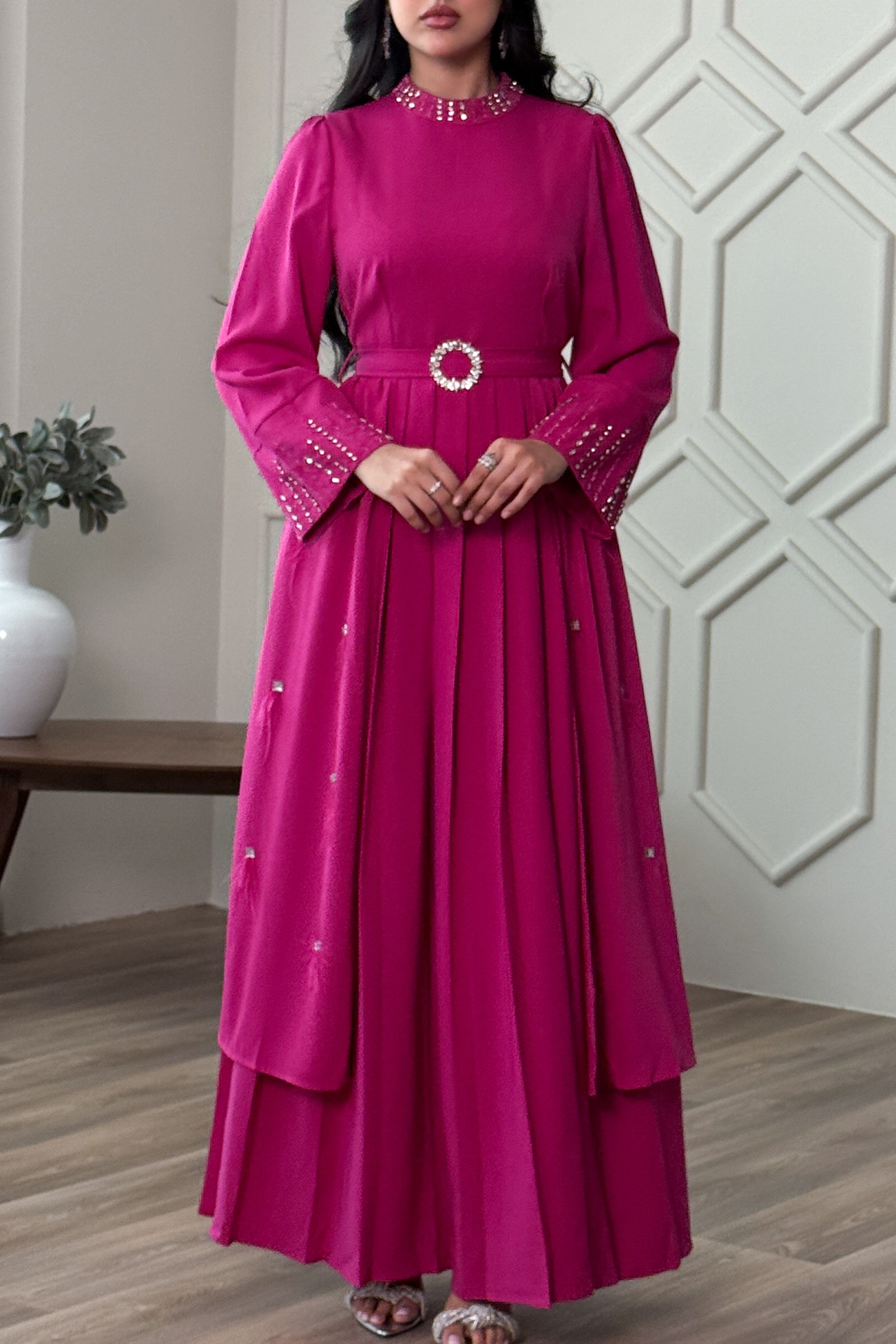 Fuchsia Crystal Embroidered Pleated Split Dress