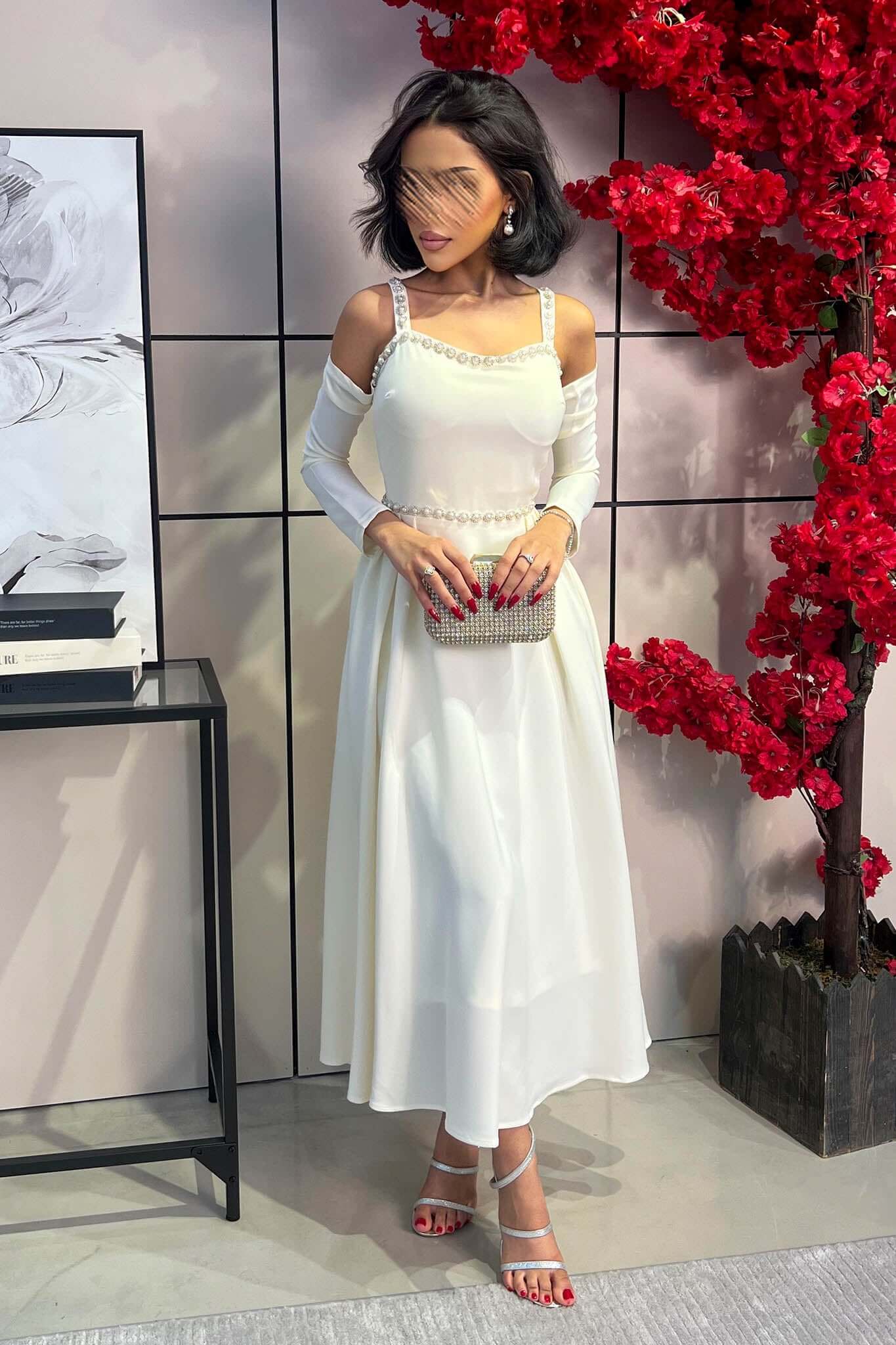 White pearl-embellished off-shoulder midi dress