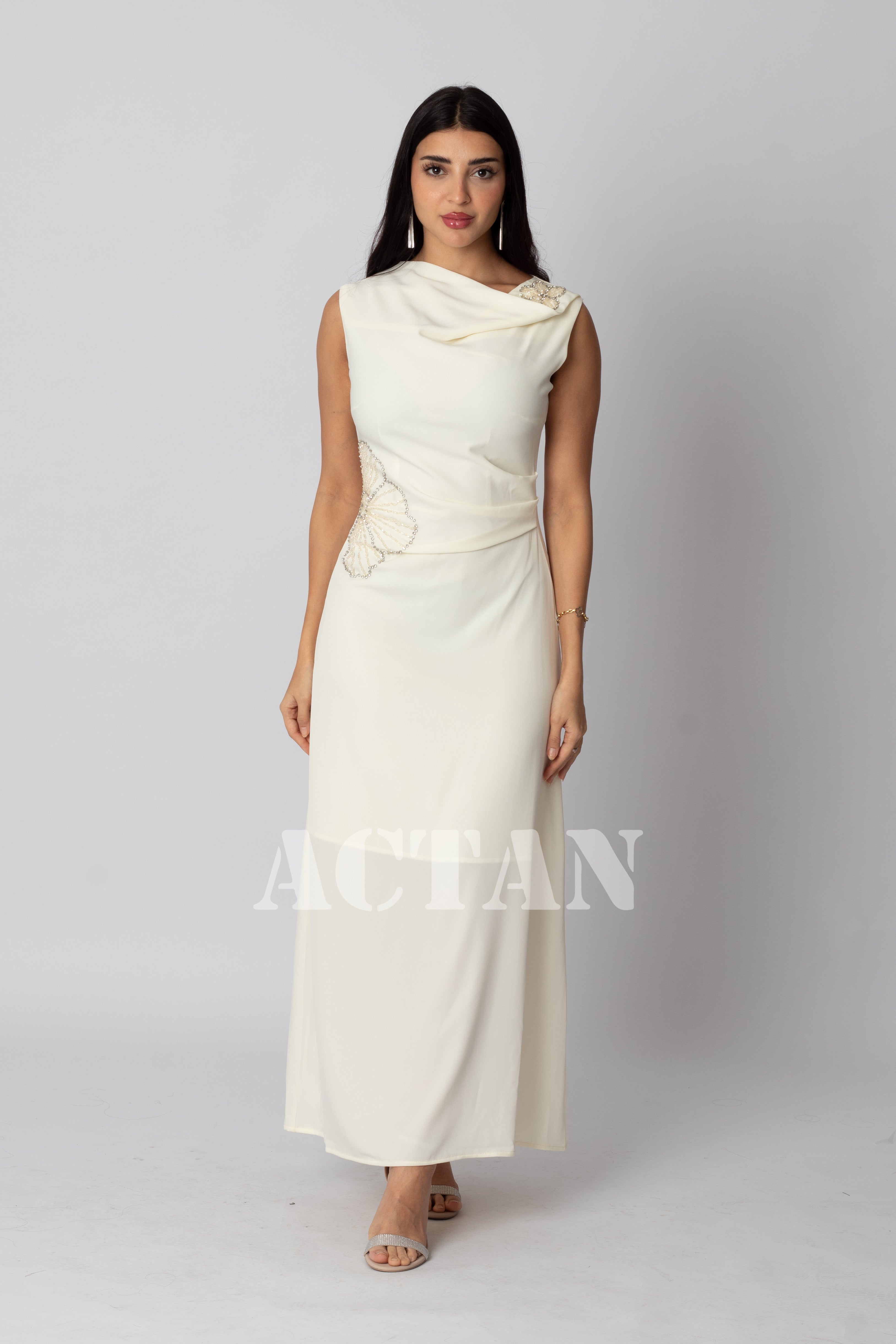 Beige Draped Sequin Maxi Dress