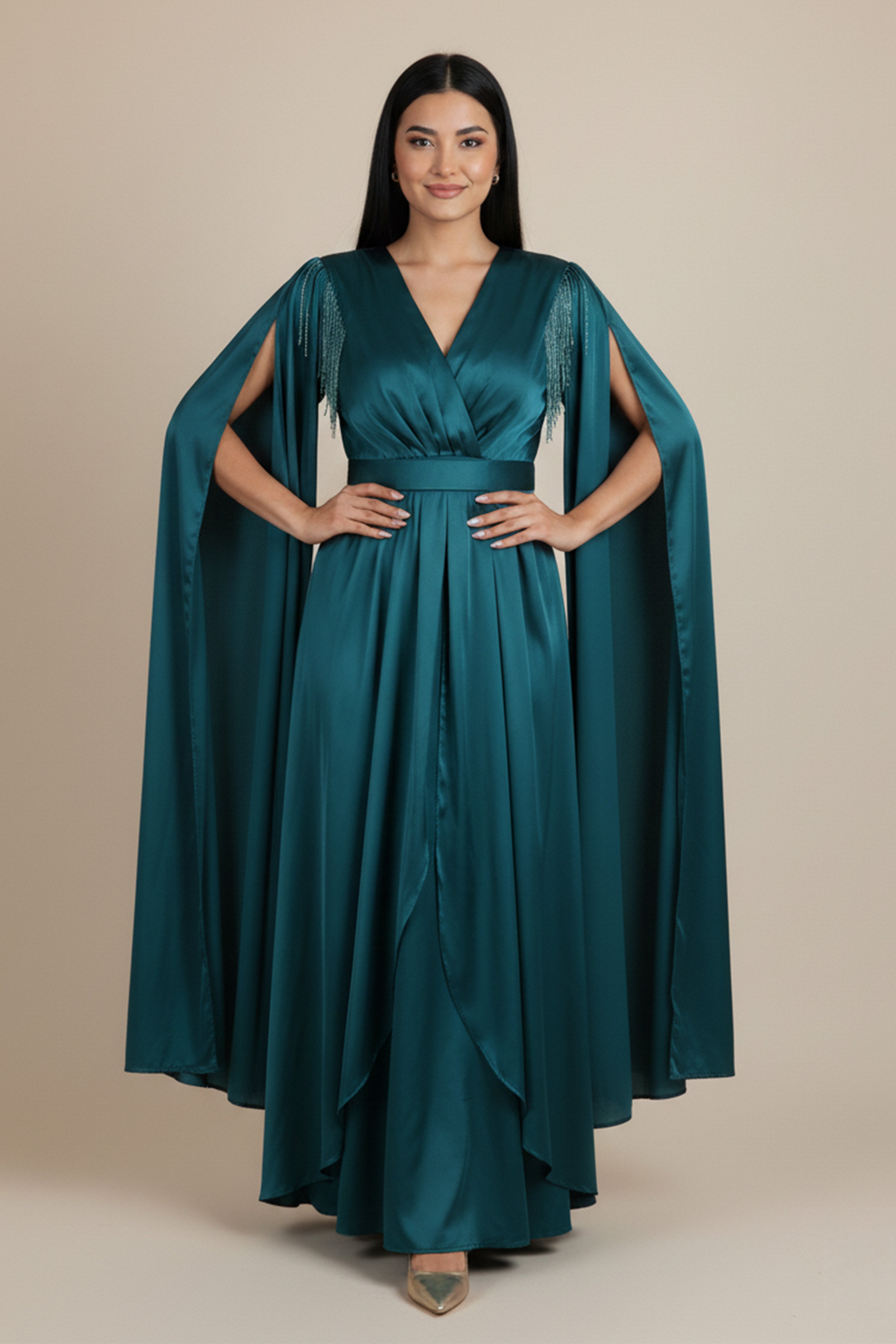 Soft satin dress with cape sleeves in olive color