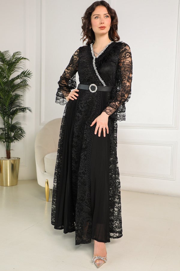 Black lace cloche dress embellished with crystals and feathers
