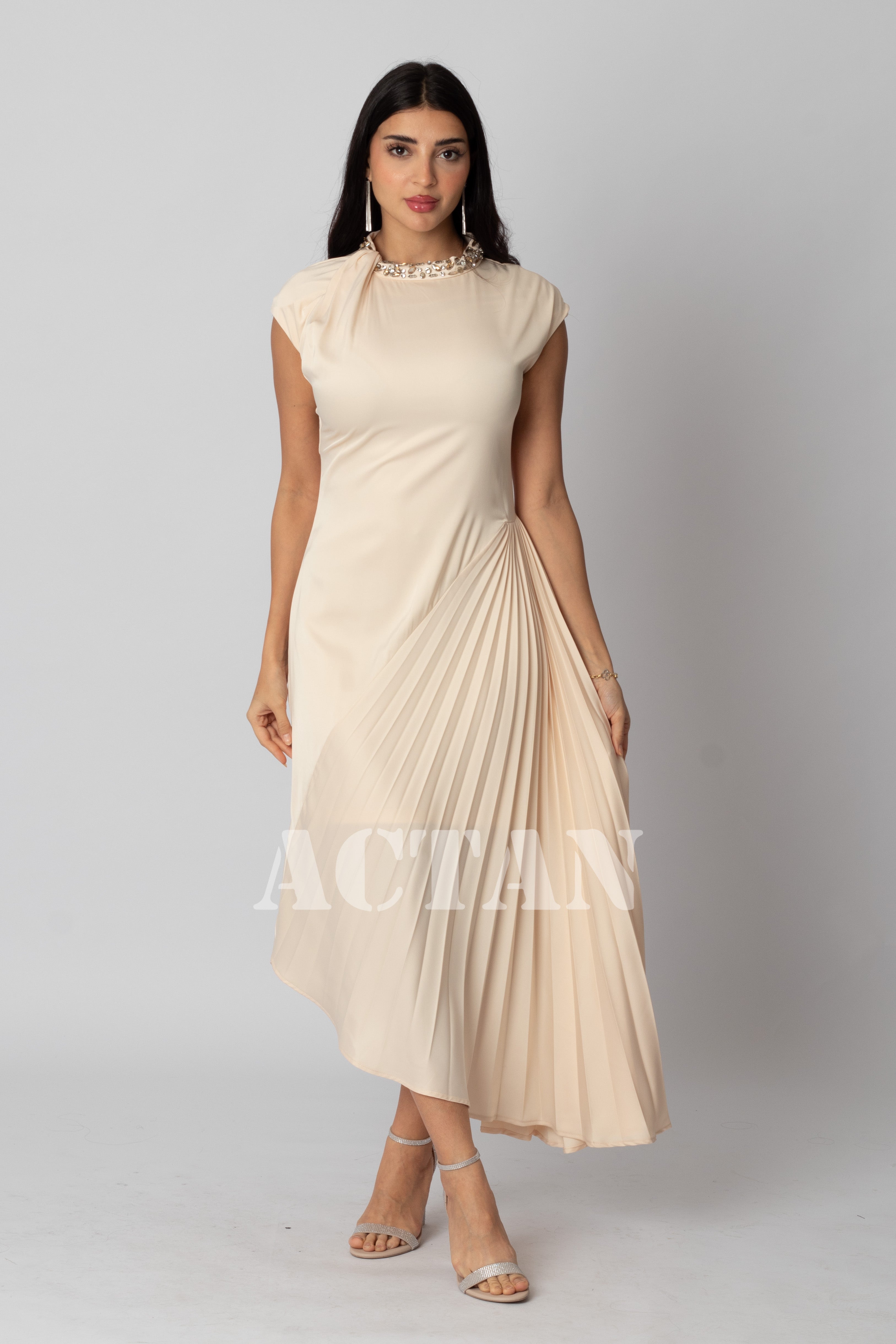 Beige pleated satin midi dress