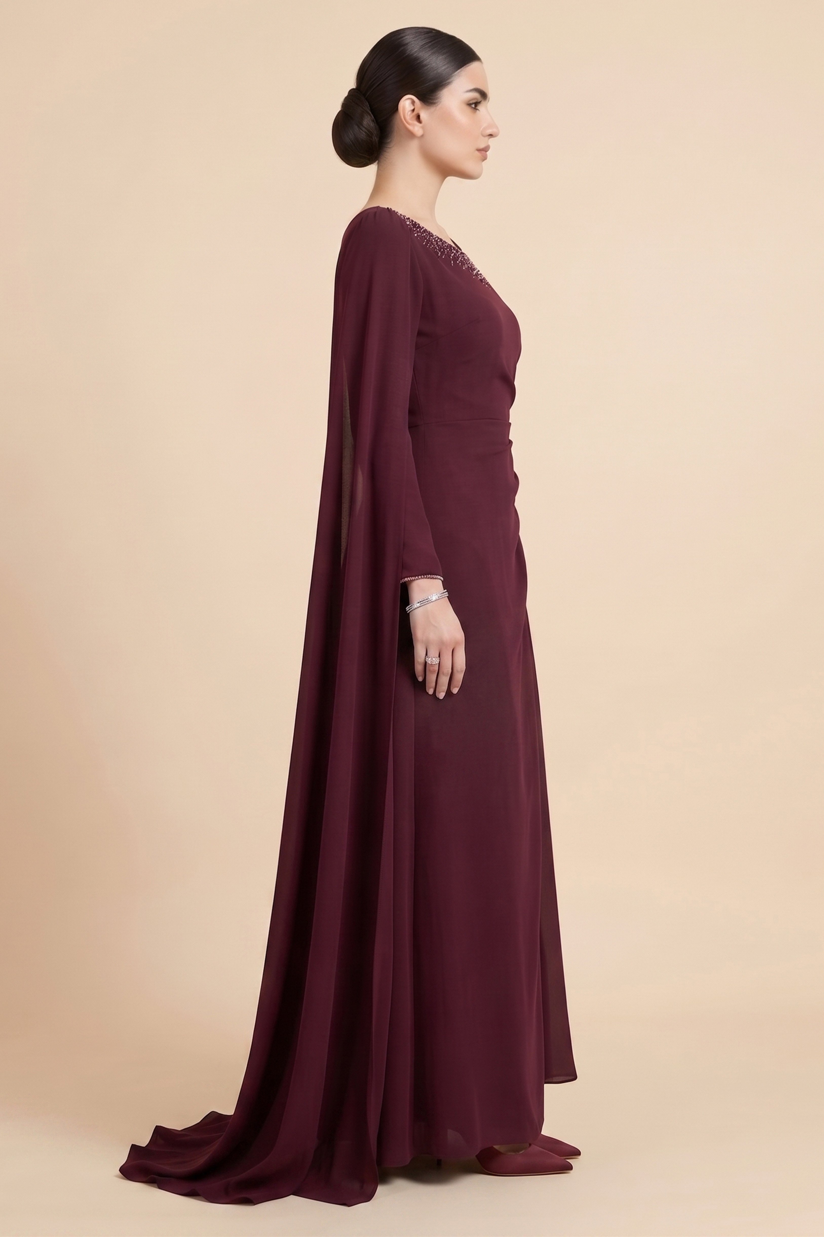 Burgundy Maxi Dress with Cape Scarf -