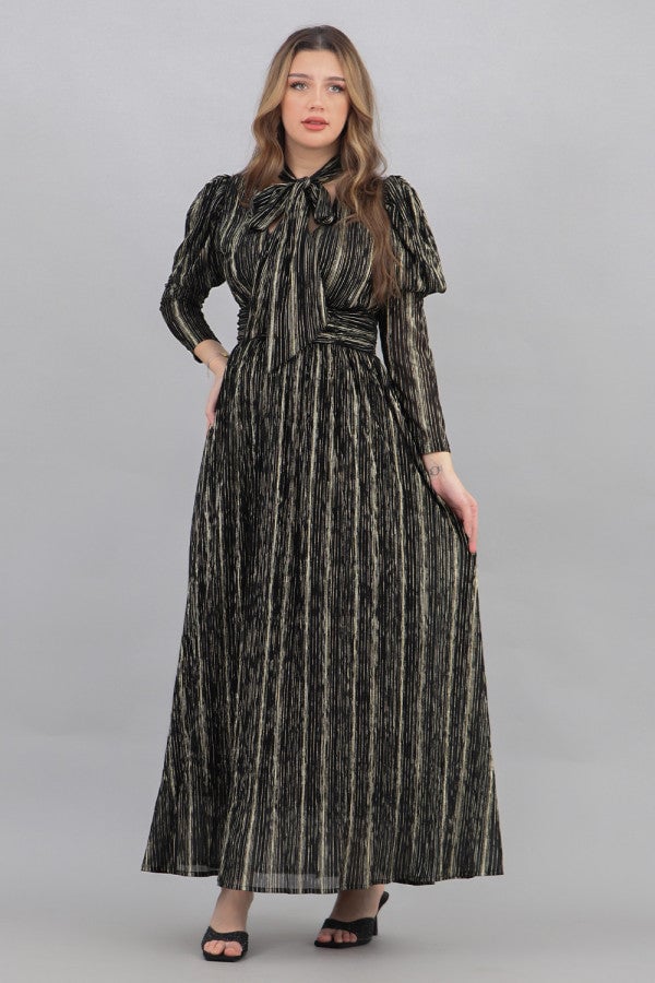 Black gold-embroidered maxi dress with high-neck tie