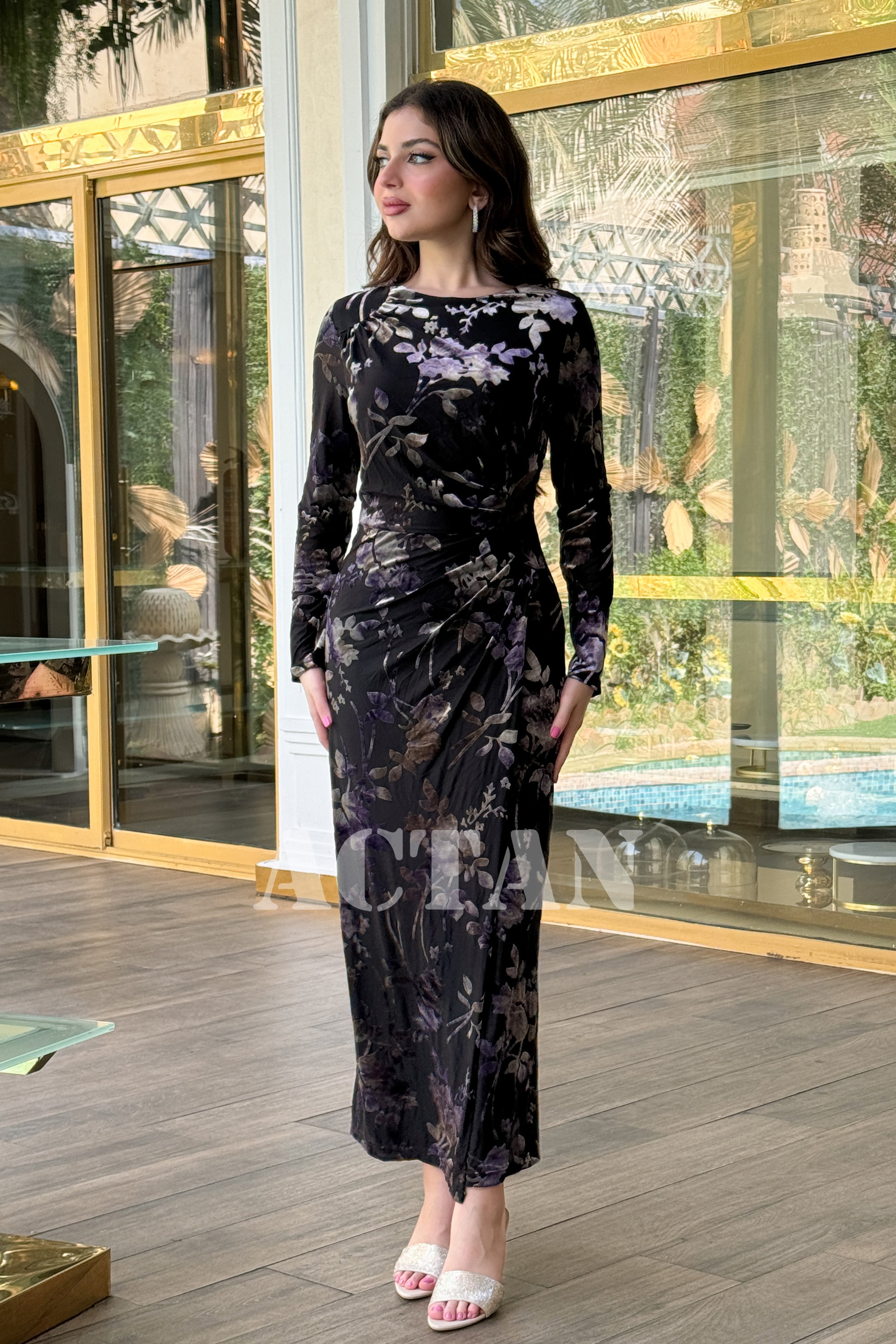 Floral print velvet dress with side slit
