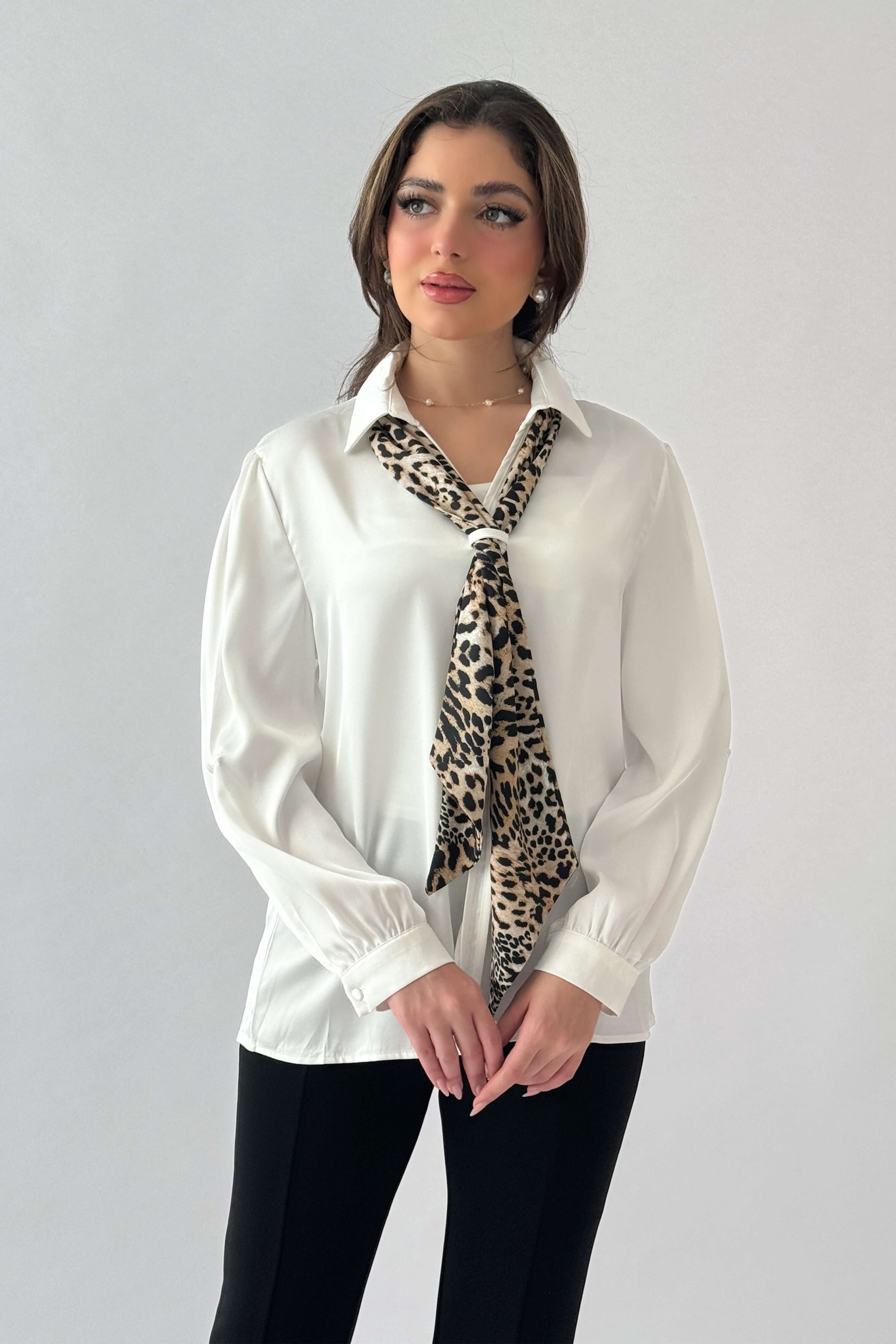 Sugar leopard print satin blouse with tie
