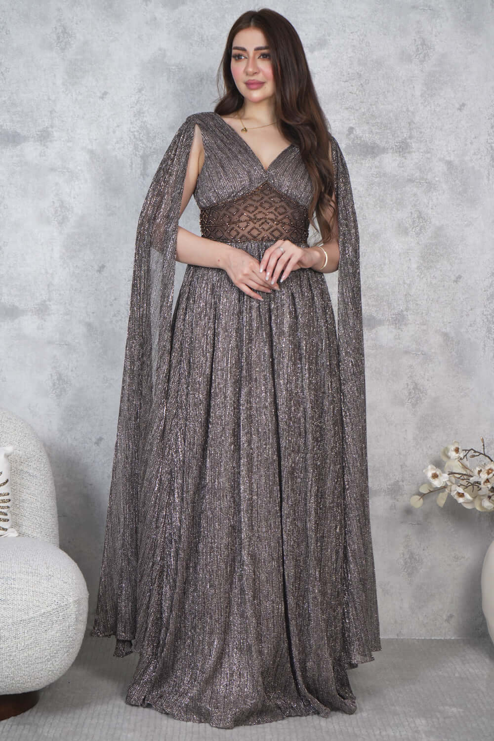 Long evening dress with cape sleeves, light brown