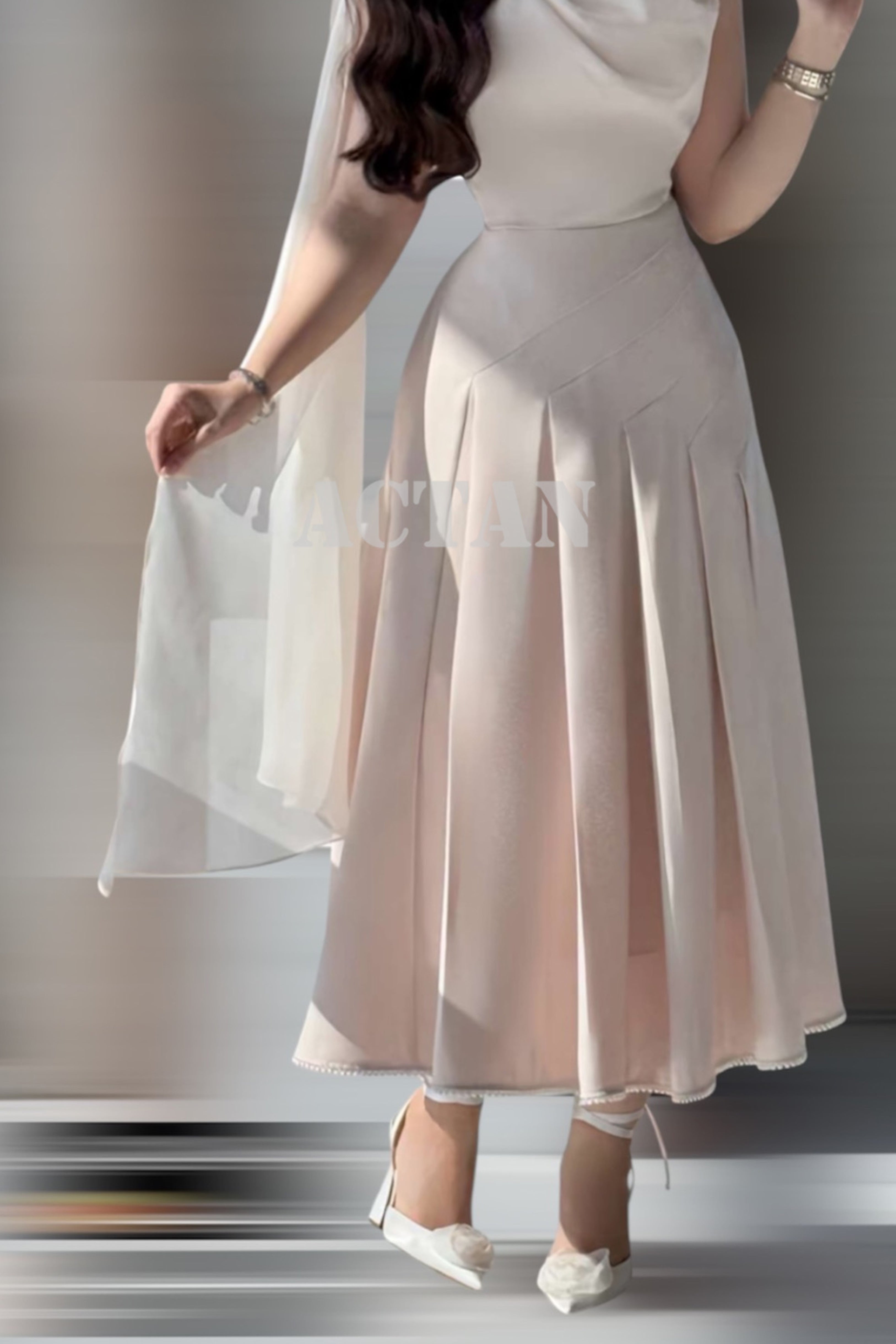 Beige cape sleeve midi dress