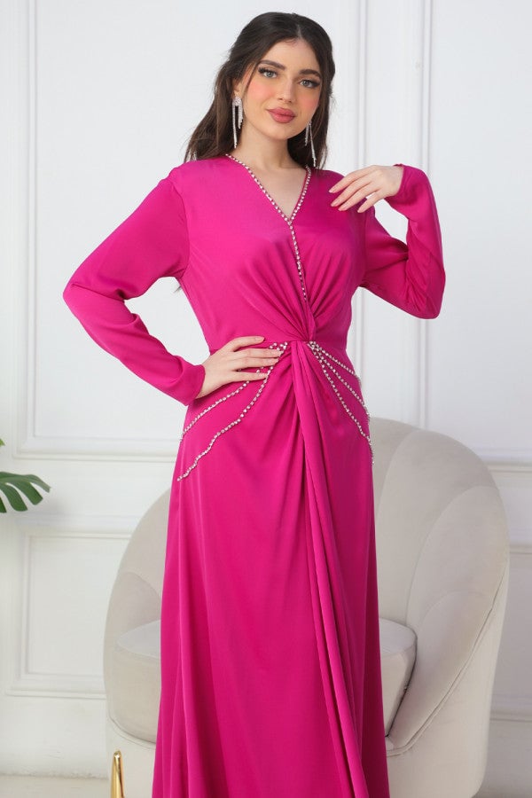 Fuchsia Crystal Embroidered Satin Maxi Dress