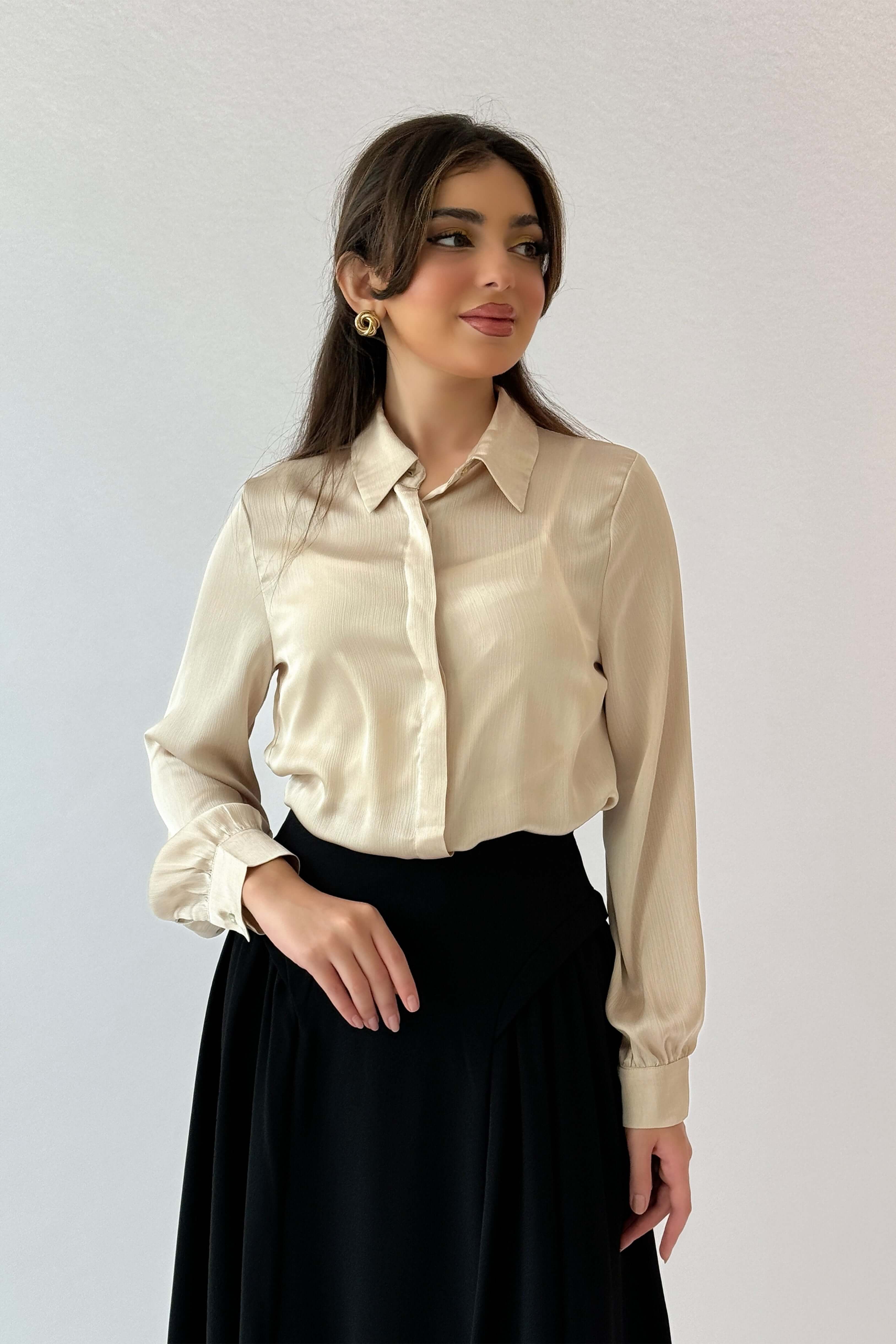Plain shirt with hidden buttons in beige