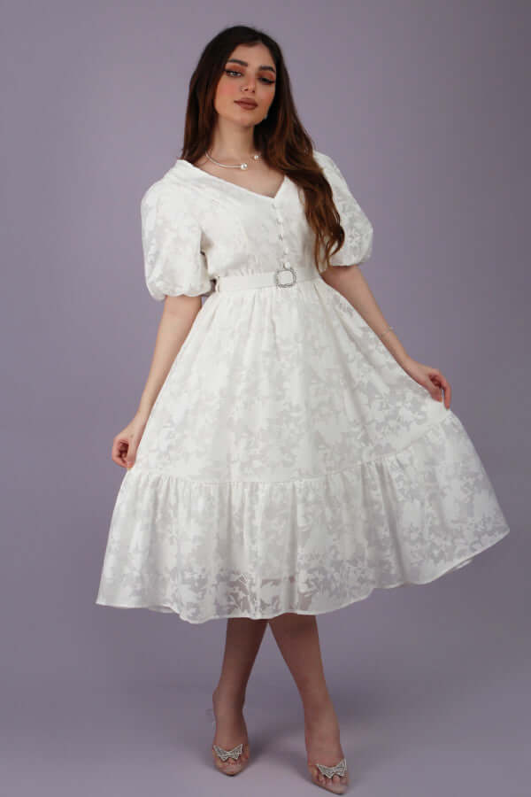 White midi dress with buttons on the chest