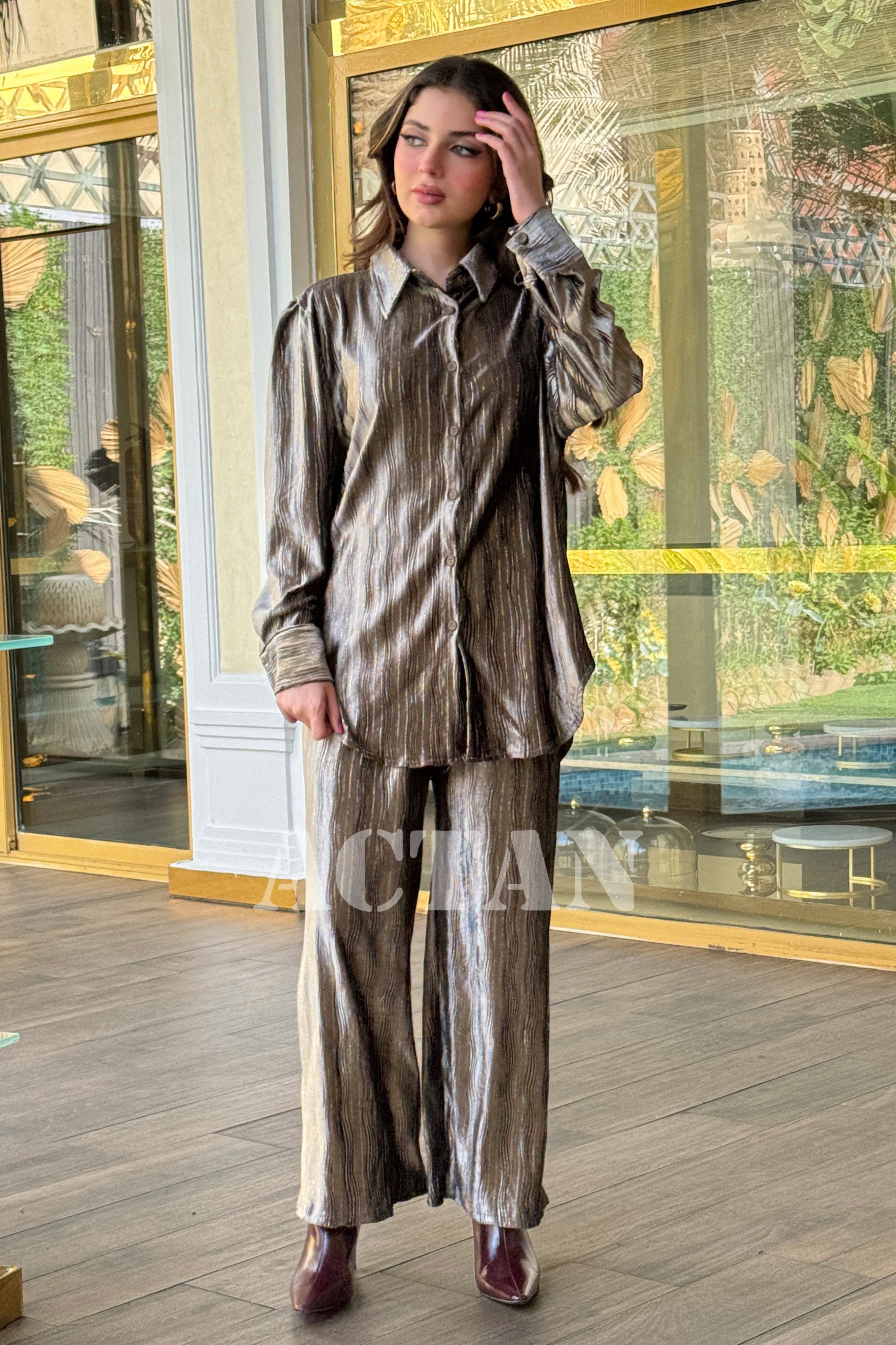 Velvet set, pants and shirt decorated with silver stripes