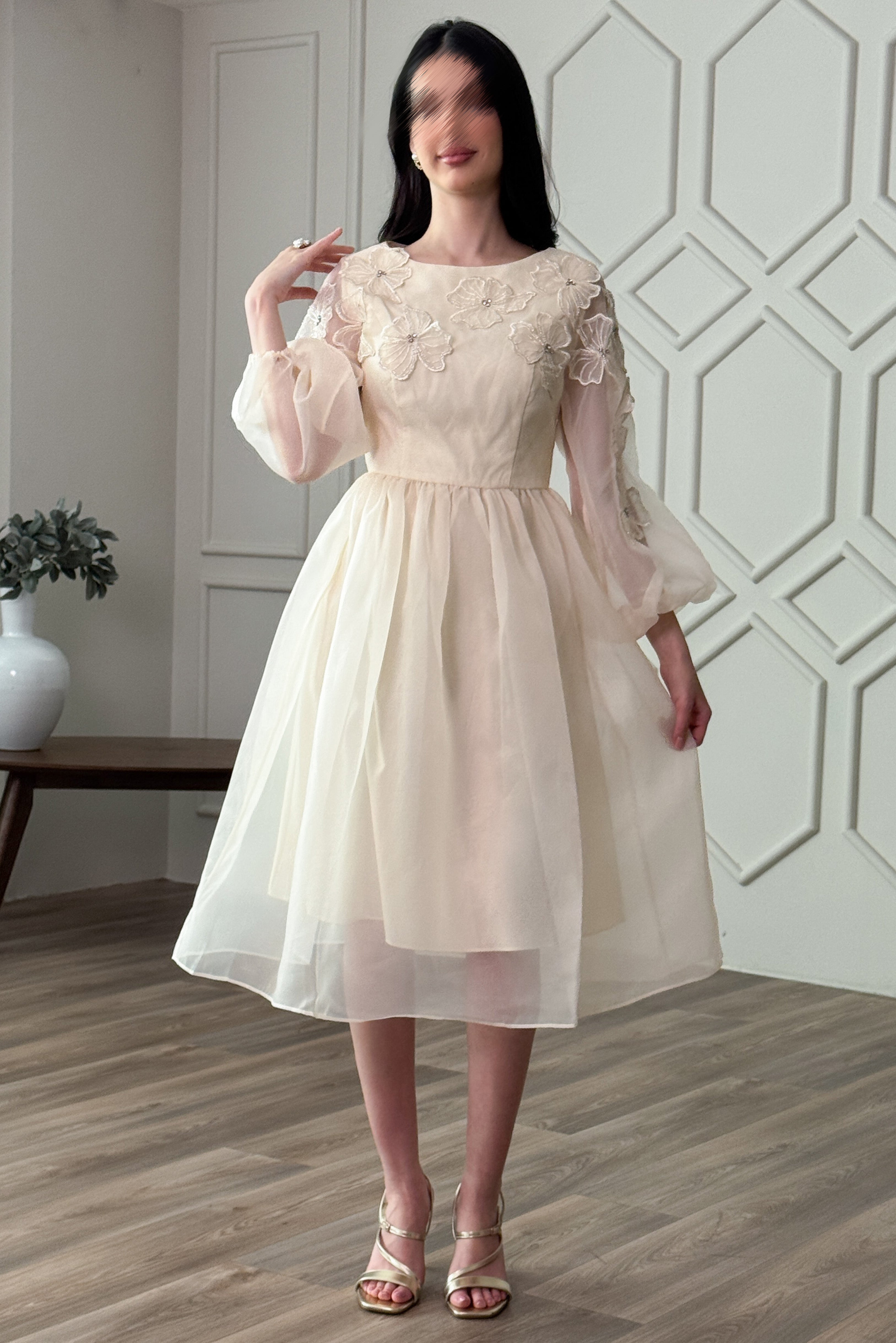 Light beige chiffon short dress with rose appliqués