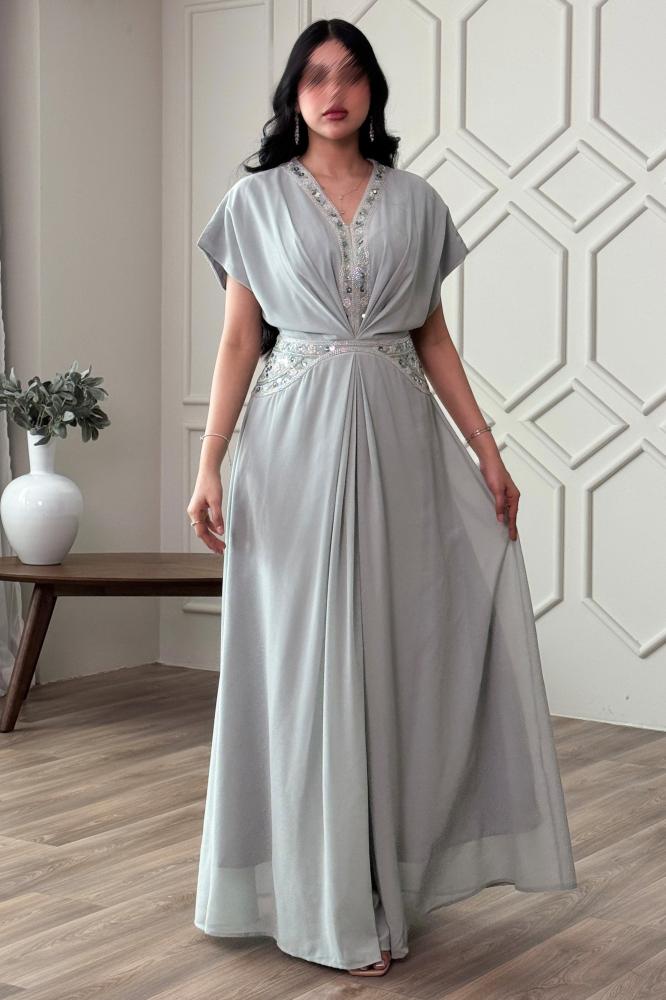 Light blue chiffon jalabiya with sequins المقاس:(L - 40)
