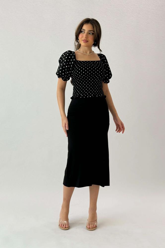 Black polka dot print ruffle effect blouse المقاس:(M)