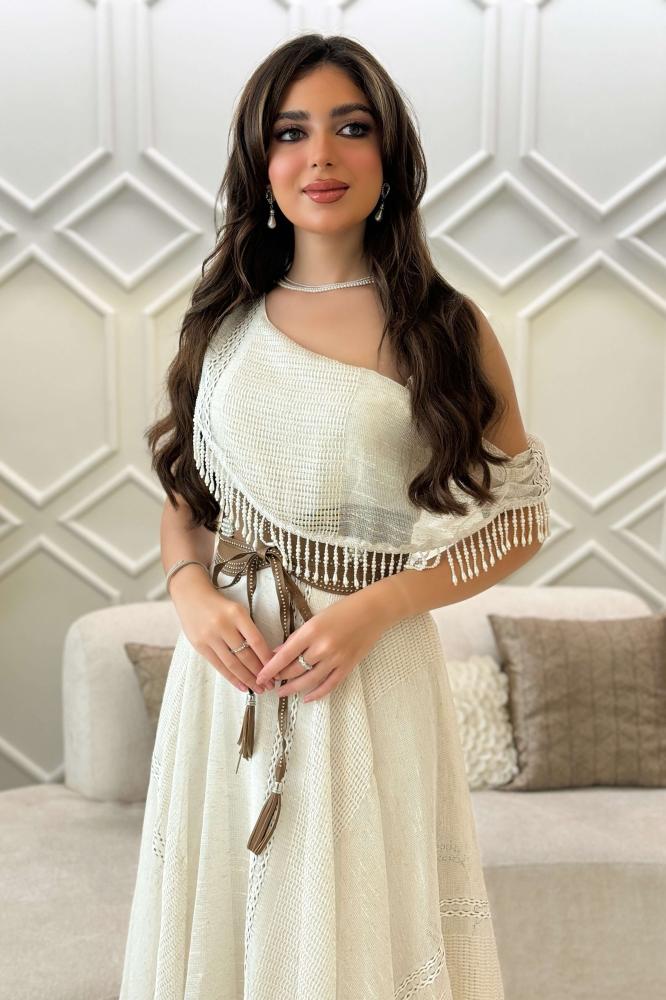 Beige One Shoulder Asymmetrical Dress المقاس:(M - 38)