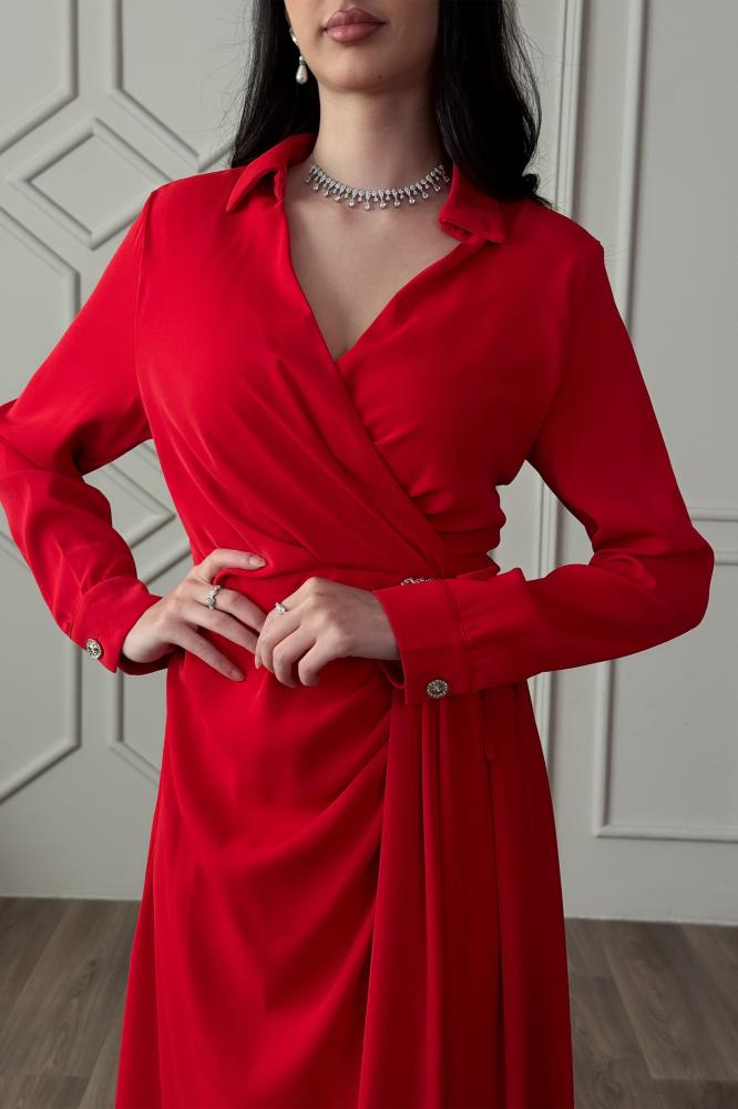 Red pleated wrap long dress المقاس:(XXL - 44)
