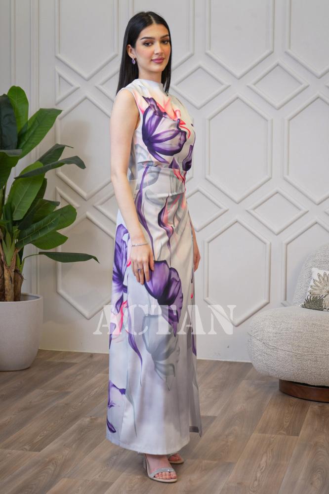 Floral print draped maxi dress المقاس:(L - 40)