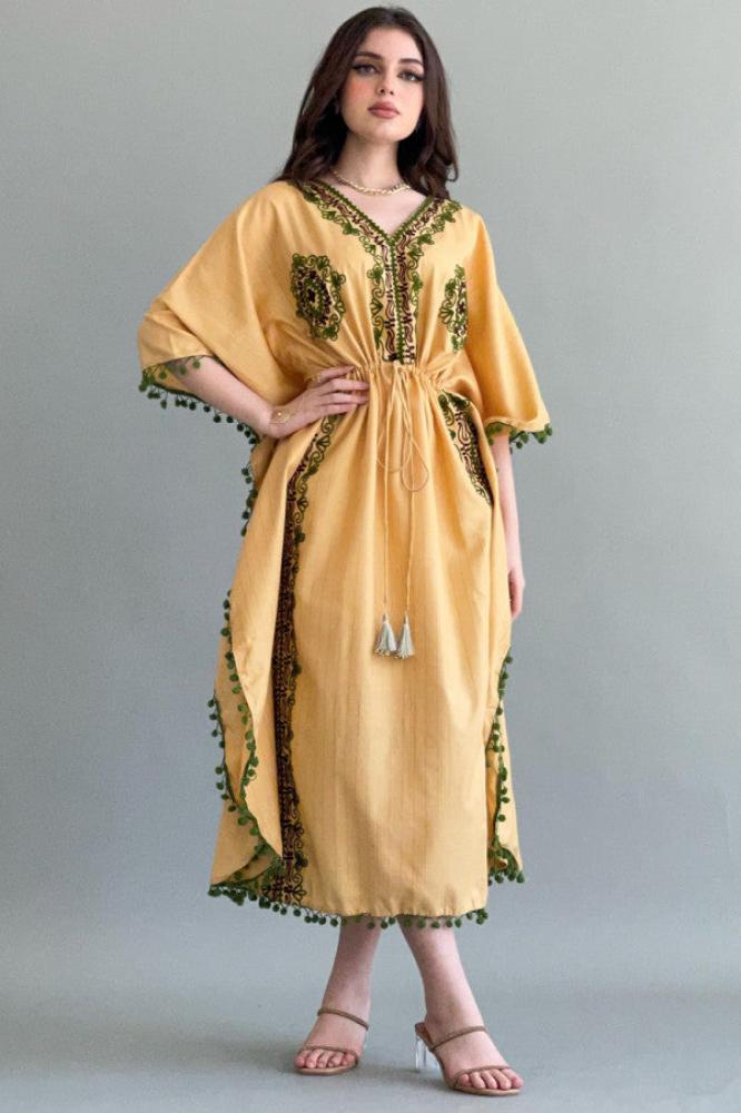 Yellow embroidered butterfly jalabiya المقاس:(M)