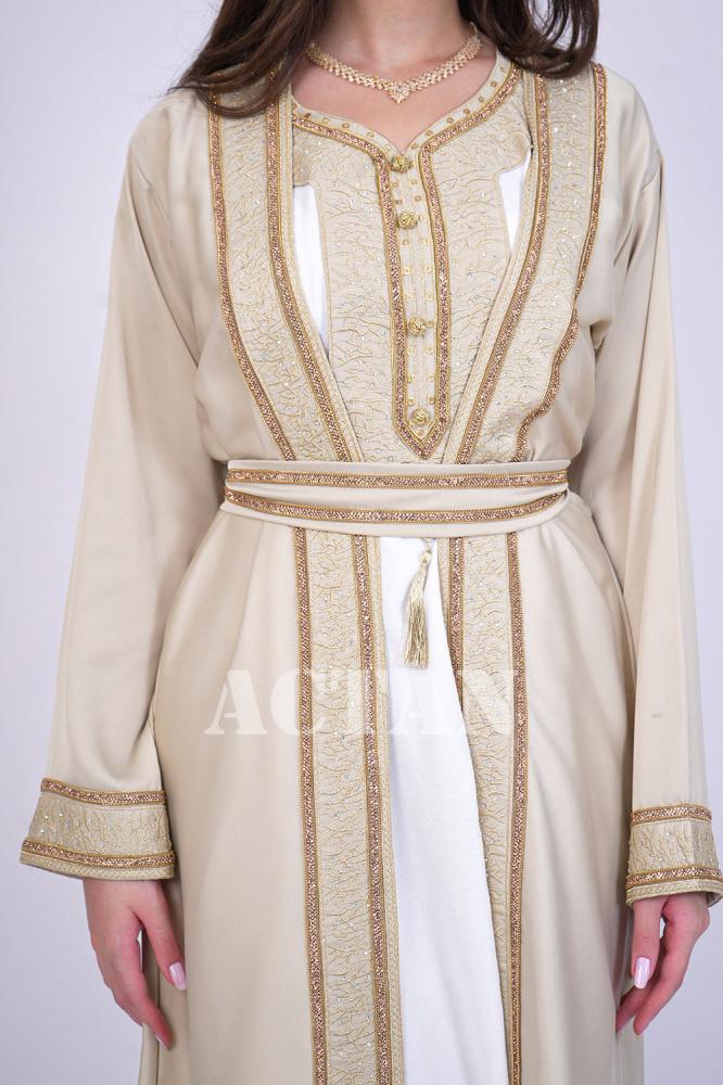 Two-piece jalabiya with gold embroidery, beige color المقاس:(L)