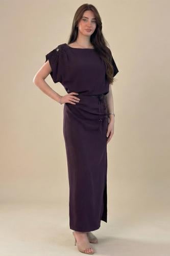 Purple floral off-the-shoulder maxi dress المقاس:(L - 40)