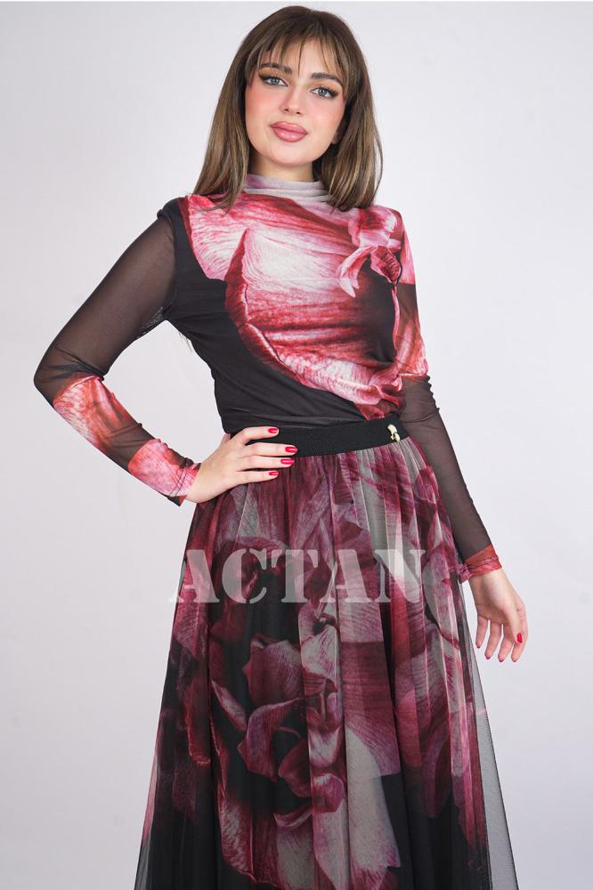 Red Floral Print Tulle Skirt and Blouse Set المقاس:(M - 38)