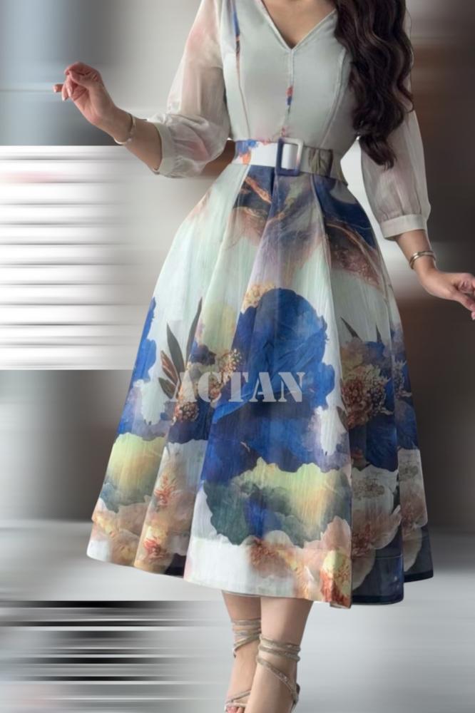 Elegant blue floral midi dress المقاس:(S - 36)