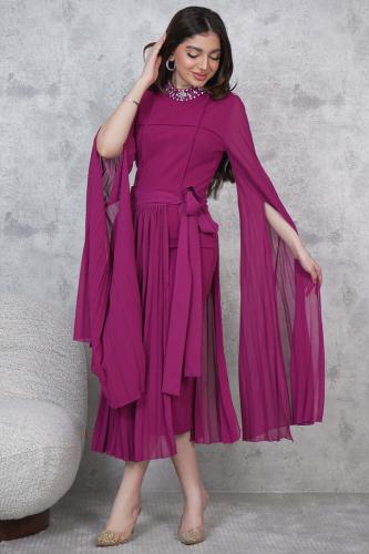 Fuchsia Crystal Embellished Straight Two-Piece Midi Dress المقاس:(L - 40)