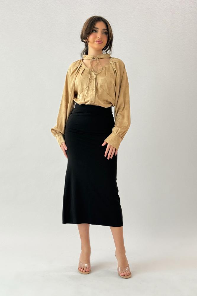 Beige Leaf Print Tie Neck Blouse المقاس:(M)