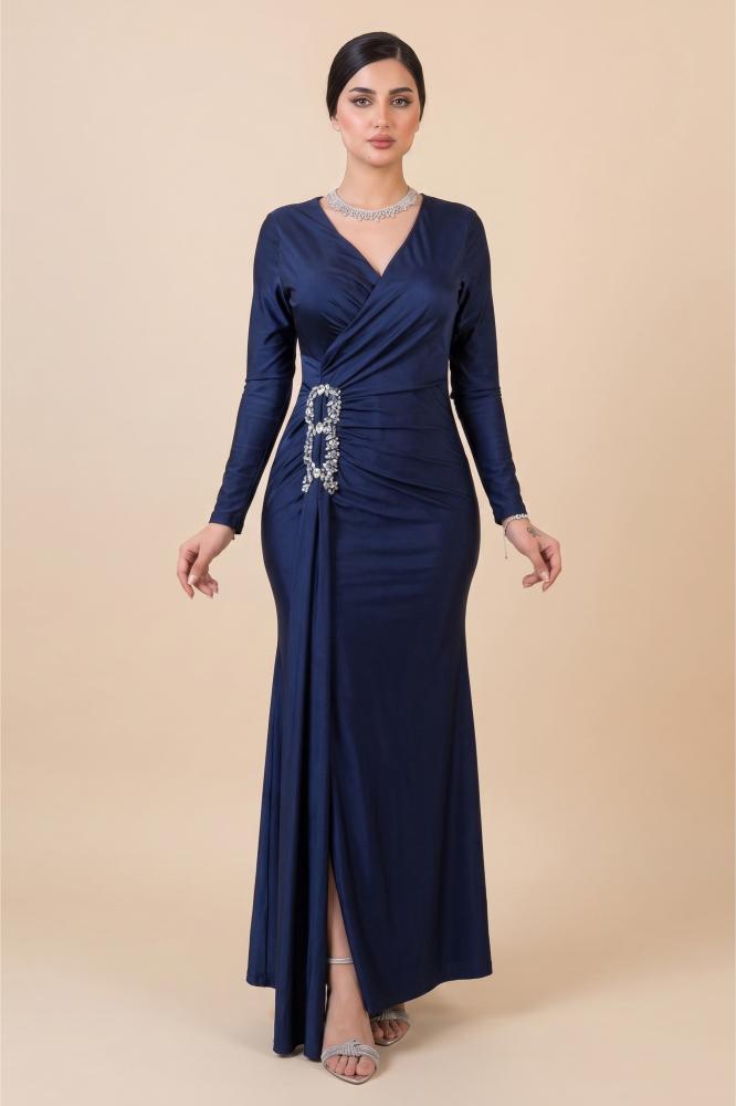 Navy blue maxi dress with slit and gathered waist المقاس:(L - 40)