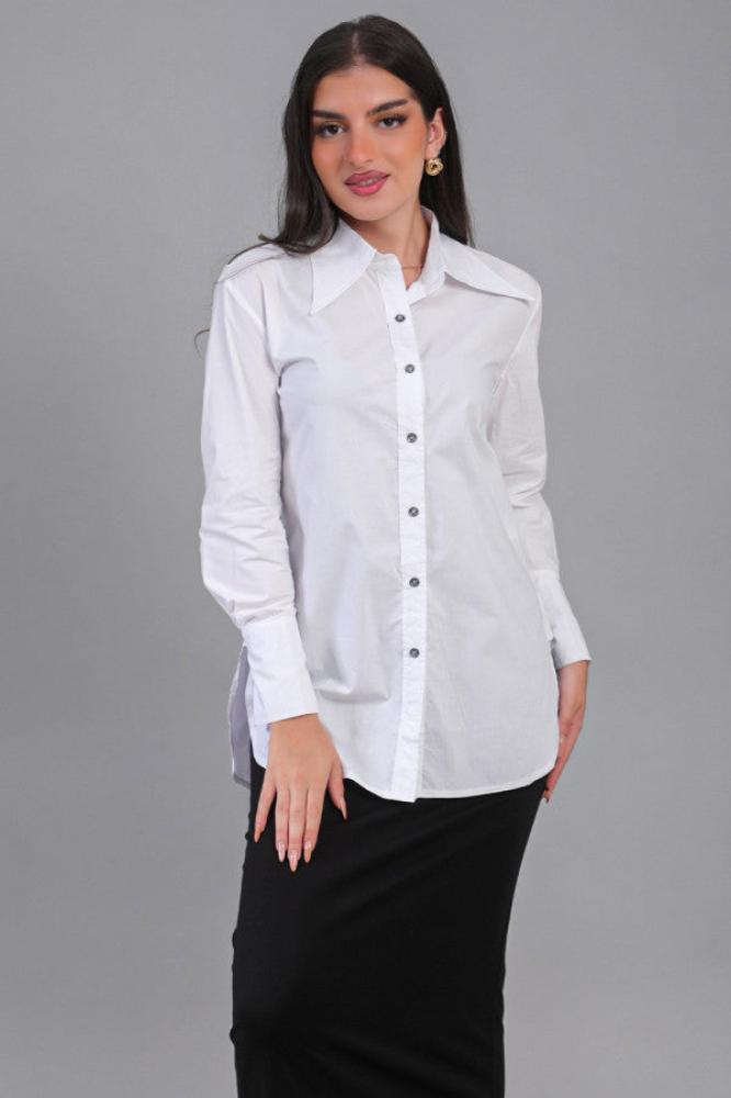 Solid color button-up polo shirt in white المقاس:(M)