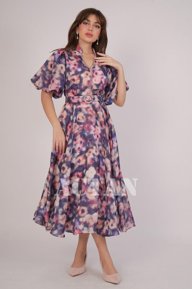 Navy blue puff sleeve midi dress المقاس:(L - 40)