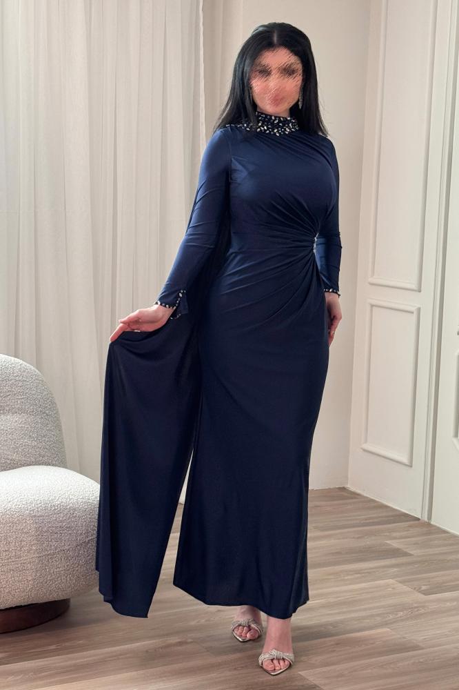 Navy blue crystal embellished scarf maxi dress المقاس:(M - 38)