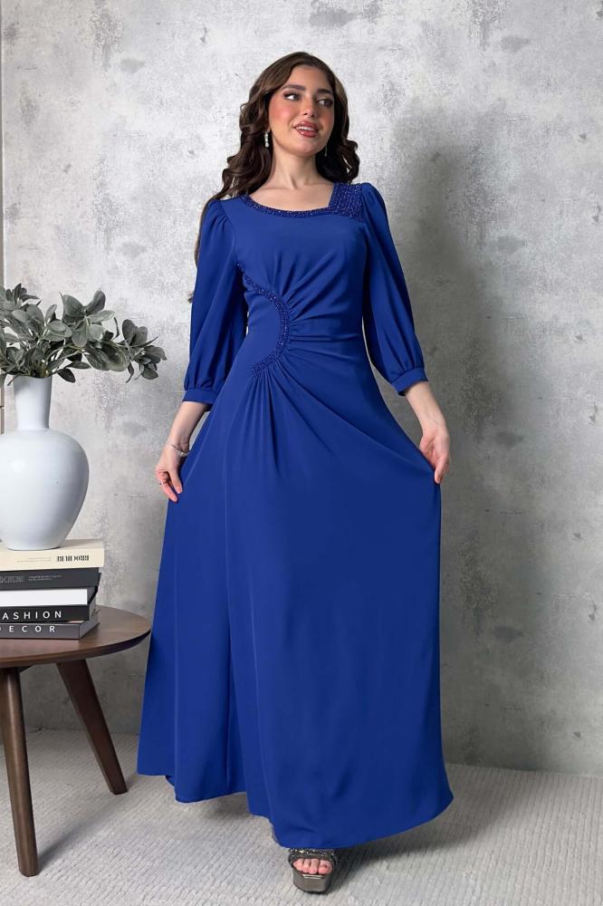 Draped maxi dress with beads and crystals in blue المقاس:(L - 40)