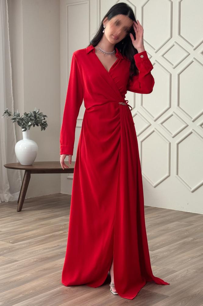 Red pleated wrap long dress المقاس:(XXL - 44)