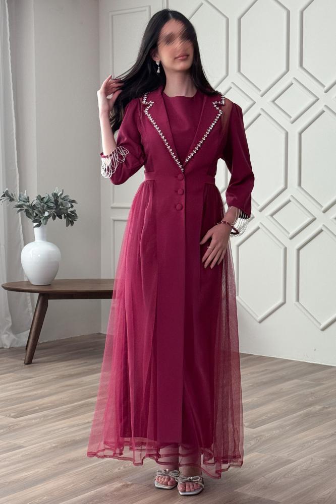 Purple Crystal Embellished Tulle Two-Piece Dress Size:(M - 38)