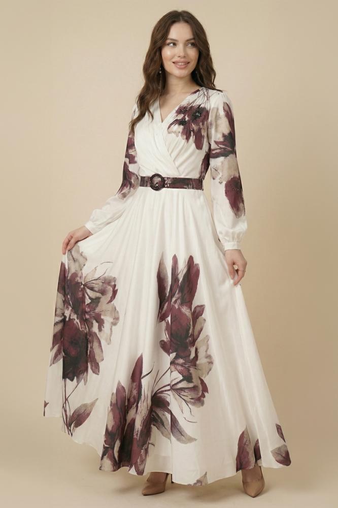 Burgundy Floral Print Satin Maxi Dress المقاس:(S - 36)